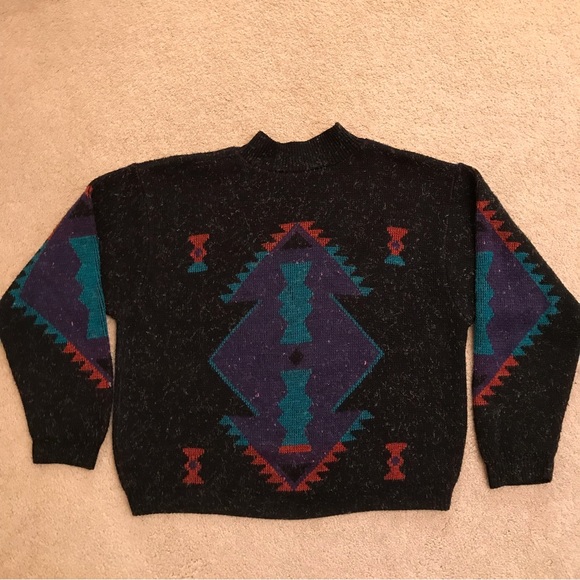 Vintage 80s Crewneck Sweater Womens XL Black Acrylic High Collar Fuzzy USA Made - Picture 3 of 7